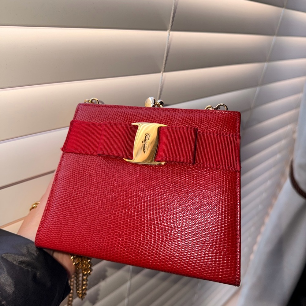 Salvatore Ferragamo Red Textured Clutch with Gold Accent